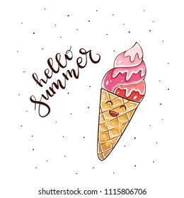 Happy Ice cream in waffle cone with eyes and smile on white background and text Hello Summer, illustration.