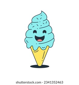 Happy ice cream waffle cone funny cartoon character comic mascot retro 30s animation style icon vector flat illustration. Cute melting blue frozen creamy summer dessert cheerful emoticon outline logo