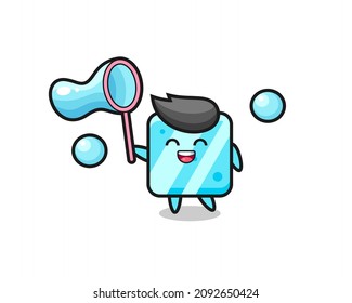 happy ice cube cartoon playing soap bubble , cute style design for t shirt, sticker, logo element