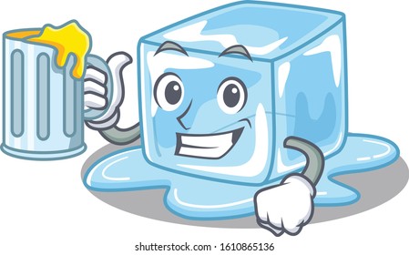 Happy ice cube mascot design with a big glass
