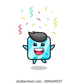 happy ice cube mascot jumping for congratulation with colour confetti , cute style design for t shirt, sticker, logo element