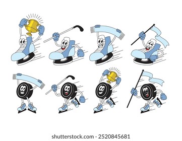 Happy Ice Hockey Shoe and Puck Cartoon Character Set Collection