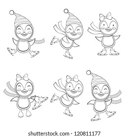 Happy ice skating penguins. Coloring book