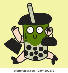 Happy Iced Bubble Matcha Tea Lady Going For Grocery Shopping At Supermarket Concept Cartoon Character illustration