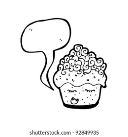 happy iced cupcake cartoon with speech bubble