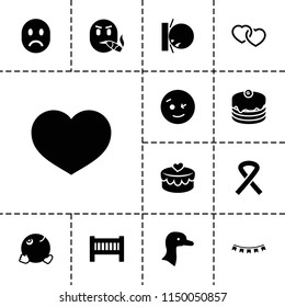 Happy icon. collection of 13 happy filled icons such as goose, baby bed, wink emot, heat the wall emot, dancing emoji, cake, heart. editable happy icons for web and mobile.