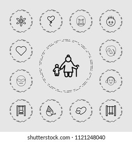 Happy icon. collection of 13 happy outline icons such as sun, heart, angry emot, party emot, old woman and child, swing. editable happy icons for web and mobile.