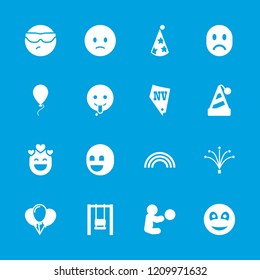 Happy icon. collection of 16 happy filled icons such as vegas, sad emot, cool emot in sunglasses, emoji showing tongue, party hat. editable happy icons for web and mobile.