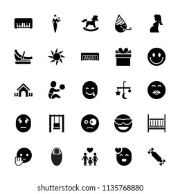 Happy icon. collection of 25 happy filled icons such as bed mobile, piano toy, emot in sun glasses, kiss emot, swing, skate board. editable happy icons for web and mobile.