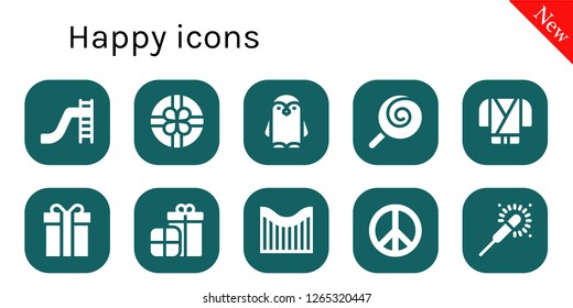  happy icon set. 10 filled happy icons. Simple modern icons about  - Toboggan, Gift, Penguin, Lollipop, Ninja, Presents, Roller coaster, Peace, Sparkler