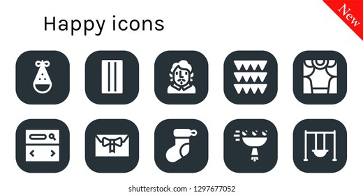  happy icon set. 10 filled happy icons. Simple modern icons about  - Party hat, Inflatable, Becquer, Garlands, Theater, Searcher, Gift, Christmas sock, Bouquet, Swing
