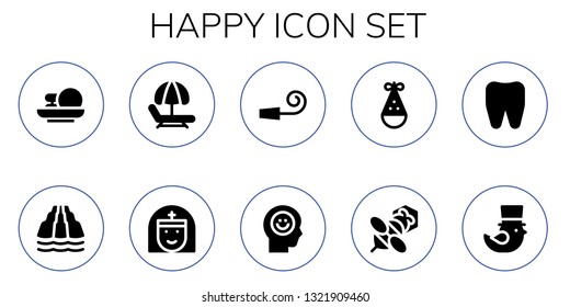 Happy Icon Set. 10 Filled Happy Icons.  Simple Modern Icons About  - Cakes, Slide, Hammock, Nun, Party Whistle, Happiness, Party Hat, Bee, Tooth, Saint Patrick