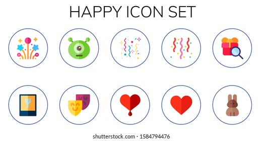 happy icon set. 10 flat happy icons.  Simple modern icons about  - fireworks, foodie, monster, theater, confetti, heart, gift, rabbit