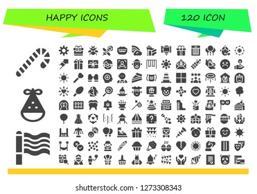  happy icon set. 120 filled happy icons. Simple modern icons about  - Candy cane, Rainbow, Party hat, Sun, Gift, Bumblebee, Bee, Smile, Slide, Selfie stick, Gift box, Treats, Balloons