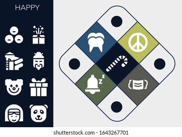 happy icon set. 13 filled happy icons.  Simple modern icons such as: Candy cane, Nun, Panda bear, Clown, Present, Slide, Chinese, Rate, Gift, Peace, Tooth, Snooze, Mask