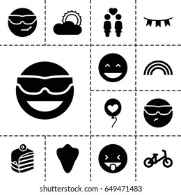 Happy icon. set of 13 filled happyicons such as animal fang, child bicycle, laughing emot, emot in sun glasses, piece of cake, women couple, heart baloons, sun, party flag