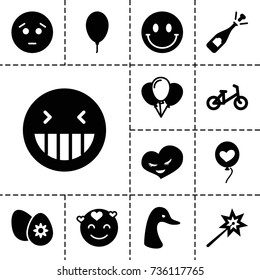 Happy icon. set of 13 filled happy icons such as goose, child bicycle, laughing emot, sad emot, emot in love, opened champagne, heart balloons, heart, balloon, easter egg
