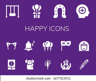 happy icon set. 14 filled happy icons. Included Swing, Gift, Horseshoe, Positive, Event, Headband, Koala, Snooze, Sparkler, Balloons, Mask, Fireworks, Nun icons