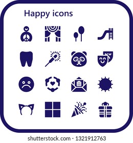happy icon set. 16 filled happy icons.  Simple modern icons about  - Peace, Theater, Balloons, Toboggan, Tooth, Sparkler, Panda bear, Unhappy, Friendship, Gift, Sun, Headband