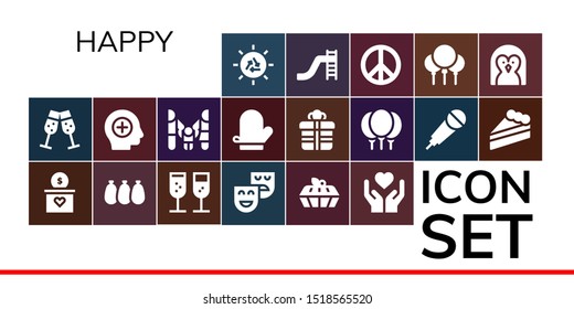 happy icon set. 19 filled happy icons.  Simple modern icons about  - Sun, Champagne, Gift, Balloons, Theatre, Cake, Emotion, Positive, Family, Mitten, Karaoke, Toboggan, Peace