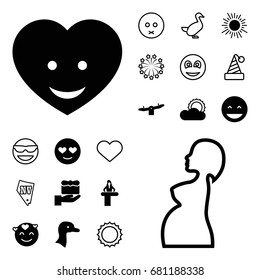 Happy icon. set of 20 happy filled and outline icons such as goose, airport desk, swing, laughing emot, emot in love, heart face, sun, vegas, pregnant woman, heart, smiley