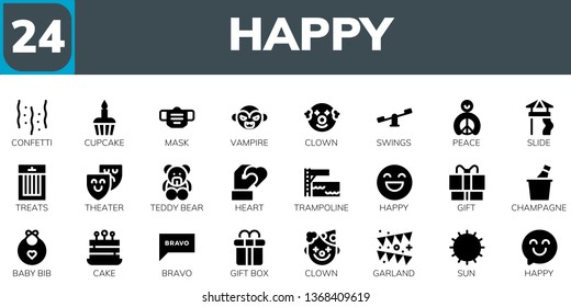 happy icon set. 24 filled happy icons.  Simple modern icons about  - Confetti, Cupcake, Mask, Vampire, Clown, Swings, Peace, Slide, Treats, Theater, Teddy bear, Heart, Trampoline