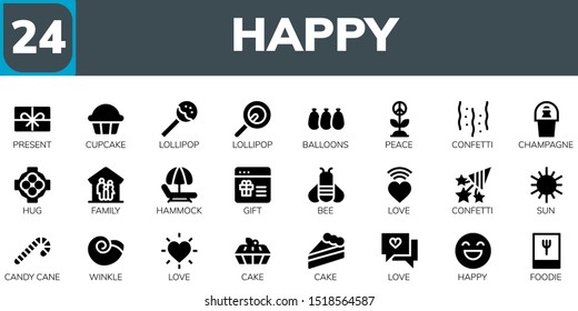happy icon set. 24 filled happy icons.  Simple modern icons about  - Present, Cupcake, Lollipop, Balloons, Peace, Confetti, Champagne, Hug, Family, Hammock, Gift, Bee, Love, Sun