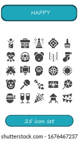 happy icon set. 25 filled happy icons.  Simple modern icons such as: Confetti, Gift, Party hat, Hug, Cupcake, Heart, Easter egg, Teddy bear, Christmas sock, Bee, Selfie stick