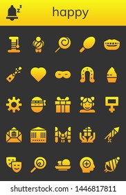 happy icon set. 26 filled happy icons.  Collection Of - Scratcher, Snooze, Childhood, Lollipop, Cotton candy, Smile, Champagne, Heart, Mask, Horseshoe, Cupcake, Sun, Ninja, Present
