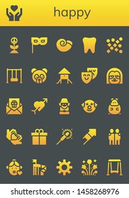 happy icon set. 26 filled happy icons.  Simple modern icons about  - Peace, Emotion, Mask, Winkle, Tooth, Confetti, Swing, Panda bear, Playground, Theater, Sloth, Gift, Cupid