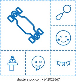 Happy icon. set of 6 happy outline icons such as airport desk, beanbag, party flag, skate board, blush