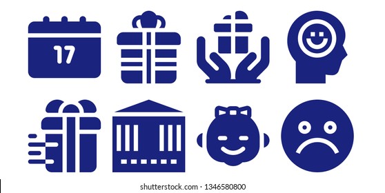 happy icon set. 8 filled happy icons.  Collection Of - Gift, Saint Patrick, Carousel, Girl, Unhappy, Happiness