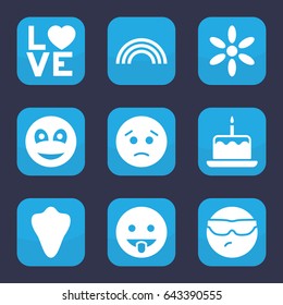 Happy icon. set of 9 filled happy icons such as animal fang, cake with one candle, sun, sad emot, cool emot in sunglasses, showing tongue emot, love word, smiley
