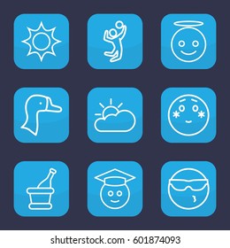 happy icon. Set of 9 outline happy icons such as goose, champagne, sun cloud, volleyball player, cool emot in sunglasses, emoji angel, shy emoji, graduate emoji