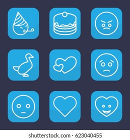 Happy icon. set of 9 outline happy icons such as goose, cake, heart face, heart, sad emot, angry emot