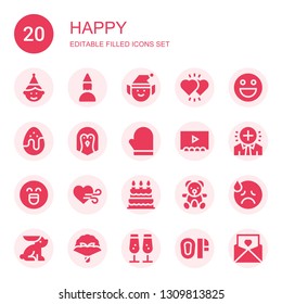 happy icon set. Collection of 20 filled happy icons included Birthday boy, Birthday girl, Elf, Hearts, Emoticon, Chocolate egg, Penguin, Mitten, Theater, Positive, Emotion, Heart