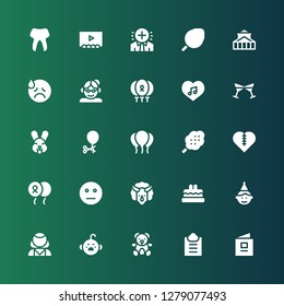 happy icon set. Collection of 25 filled happy icons included Baby book, Guest list, Teddy bear, Cry, Psychologist, Birthday boy, Birthday cake, Triceratops, Neutral, Balloon, Heart