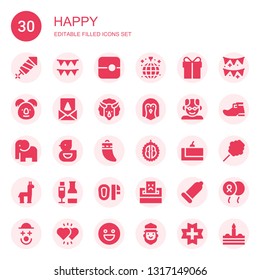 happy icon set. Collection of 30 filled happy icons included Fireworks, Garlands, Slide, Disco, Present, Koala, Birthday card, Triceratops, Penguin, Grandfather, Elephant, Ducky