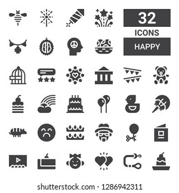 happy icon set. Collection of 32 filled happy icons included Pudding, Leash, Hearts, Baby girl, Cake, Theater, Baby book, Ballon, Heisenberg, Eggs, Sad, Armadillo, Horseshoe, Ducky