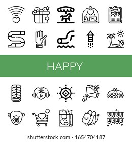 happy icon set. Collection of Love, Slide, Gift, Raise hand, Merry go round, Waterpark, Fireworks, Guest list, Honeymoon, Cake, Bear, Sun, Bouquet, Bee, Flower crown, Garlands icons