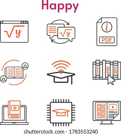 happy icon set. included feedback, chip, pdf, cap, e-book, homework, learn, maths, book icons. bicolor styles.