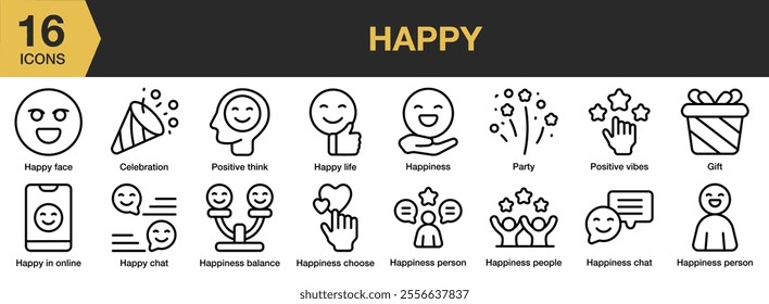 Happy icon set. Includes life, party, gift, person, balance, chat, positive vibes, and More. Outline icons vector collection.