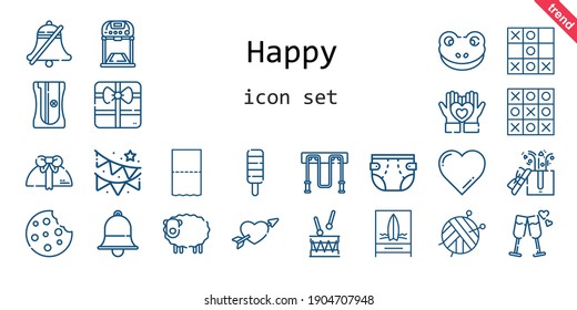 happy icon set. line icon style. happy related icons such as gift, garland, cookie, drum, bell, heart, popsicle, jumping rope, cupid, ball, frog, sharpener, tic tac toe, beach, toilet paper, diaper