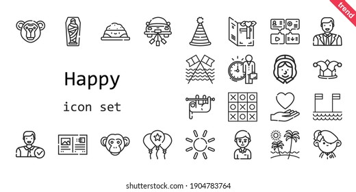 happy icon set. line icon style. happy related icons such as love, pet food, balloon, monkey, student, mummy, pilgrim, employee, message, sloth, sun, wedding car, postcard, party hat, tic tac toe