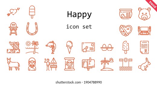 happy icon set. line icon style. happy related icons such as gift, eggs, german, dolphin, ice cream cone, student, donkey, popsicle, cupid, horseshoe, fishbowl, mailbox, baby chair, postcard, rabbit