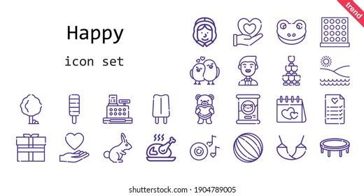 happy icon set. line icon style. happy related icons such as gift, love, groom, tree, pilgrim, heart, popsicle, wedding planning, ball, romantic music, frog, love birds, turkey, beach, rabbit