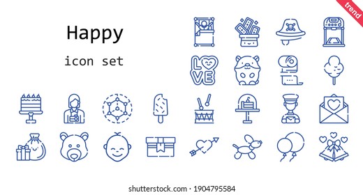 happy icon set. line icon style. happy related icons such as love, cotton candy, pirate, modeling, balloons, hamster, drum, wake up, trick, wedding bells, popsicle, cupid, postman, cake, baby