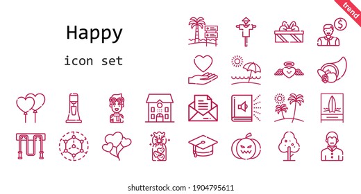 happy icon set. line icon style. happy related icons such as love, audiobook, modeling, pilot, balloons, mortarboard, tree, message, employee, cookies, scarecrow, heart, jumping rope, milkshake