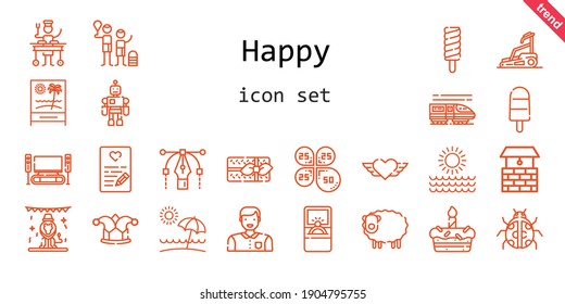 happy icon set. line icon style. happy related icons such as large, engagement ring, ladybug, petals, sun, popsicle, heart, cake, beach, well, love letter, joker, vector, animals, man, family, sheep