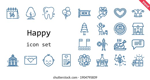 happy icon set. line icon style. happy related icons such as gift, veranda, new, pine, balloons, tree, message, employee, girl, fireworks, heart, school, turkey, beach, lifeguard, baby, love letter